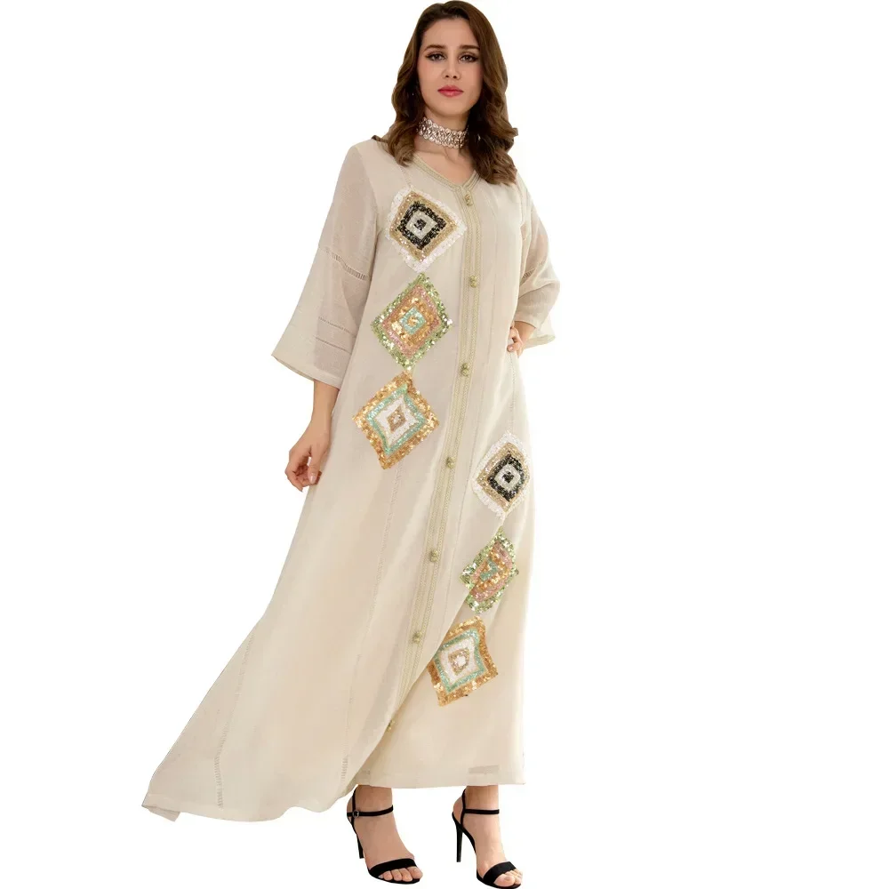 Cotton and Linen Casual Dresses for Women Bead Embroidery Mislim Dress Women Lady Clothing Long Sleeve High Quality Femme Robe