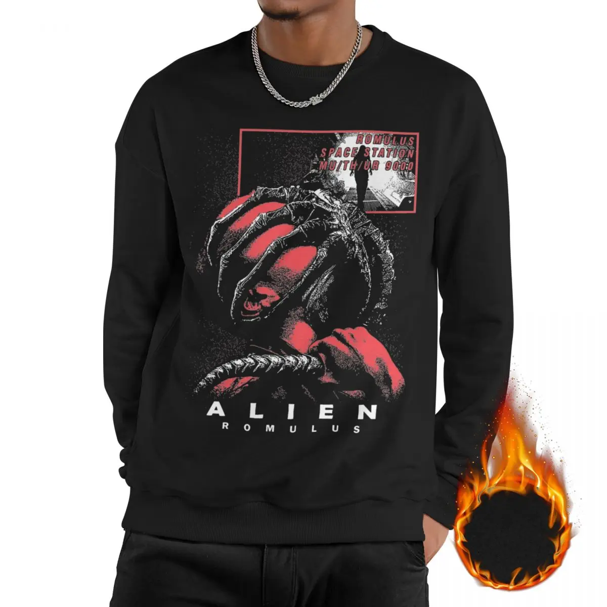 

Men Alien Romulus Film Retro Fleece Lined Sweatshirt Loose Fit 2024 Science Fiction Movie Long Sleeve Sweatshirts Hoodie