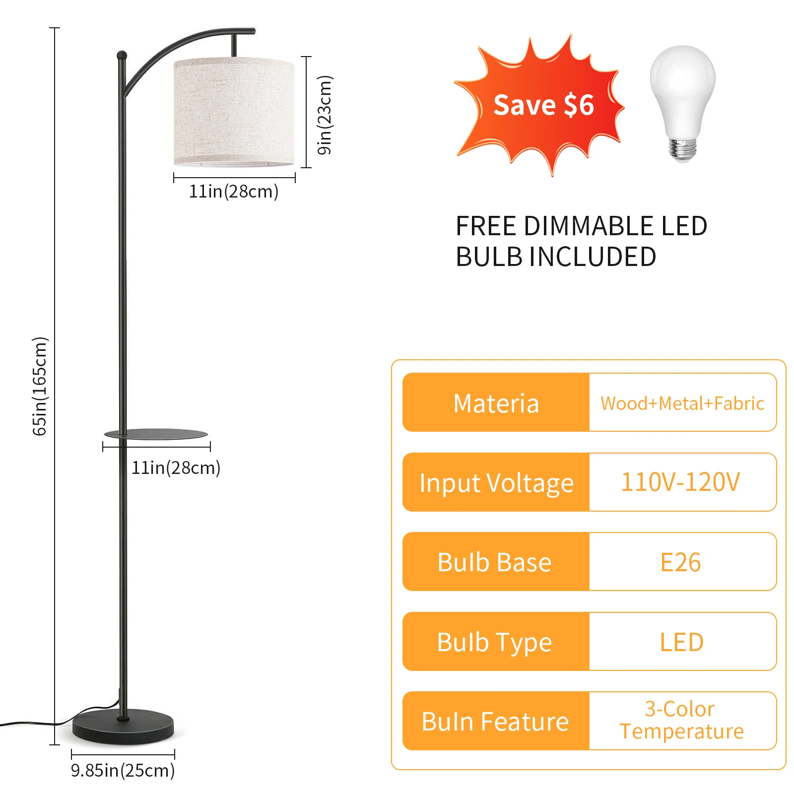 Floor Lamp With 3 Color Temperatures, Standing Lamp With Magnetic Remote Control For Bedroom, Living Room( 9W LED Bulb Included)