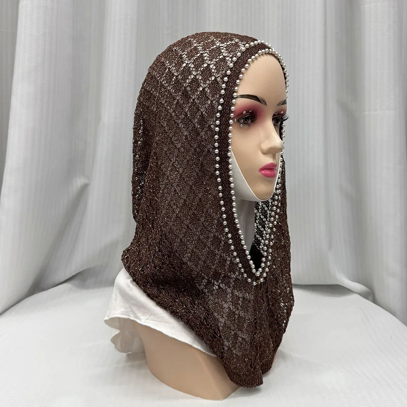 

Hot-selling hollow-out slimming face embellished beaded knitted pull-on head wrap hat