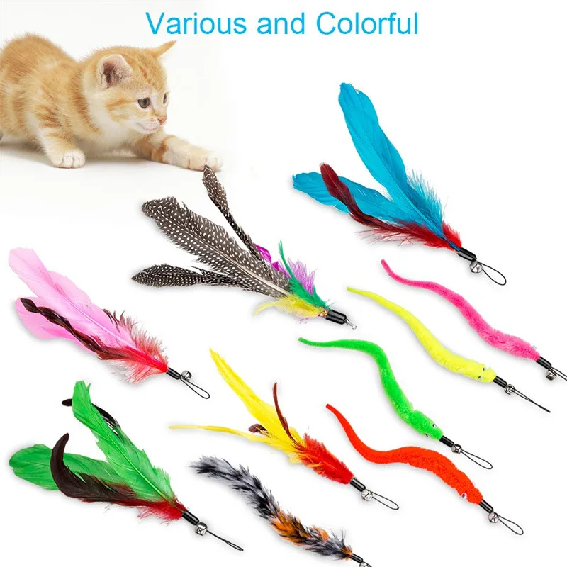 Cross-border new pet cat toy set colorfulfulful feather fishing rod caterpillar bell replaceable head funny cat stick