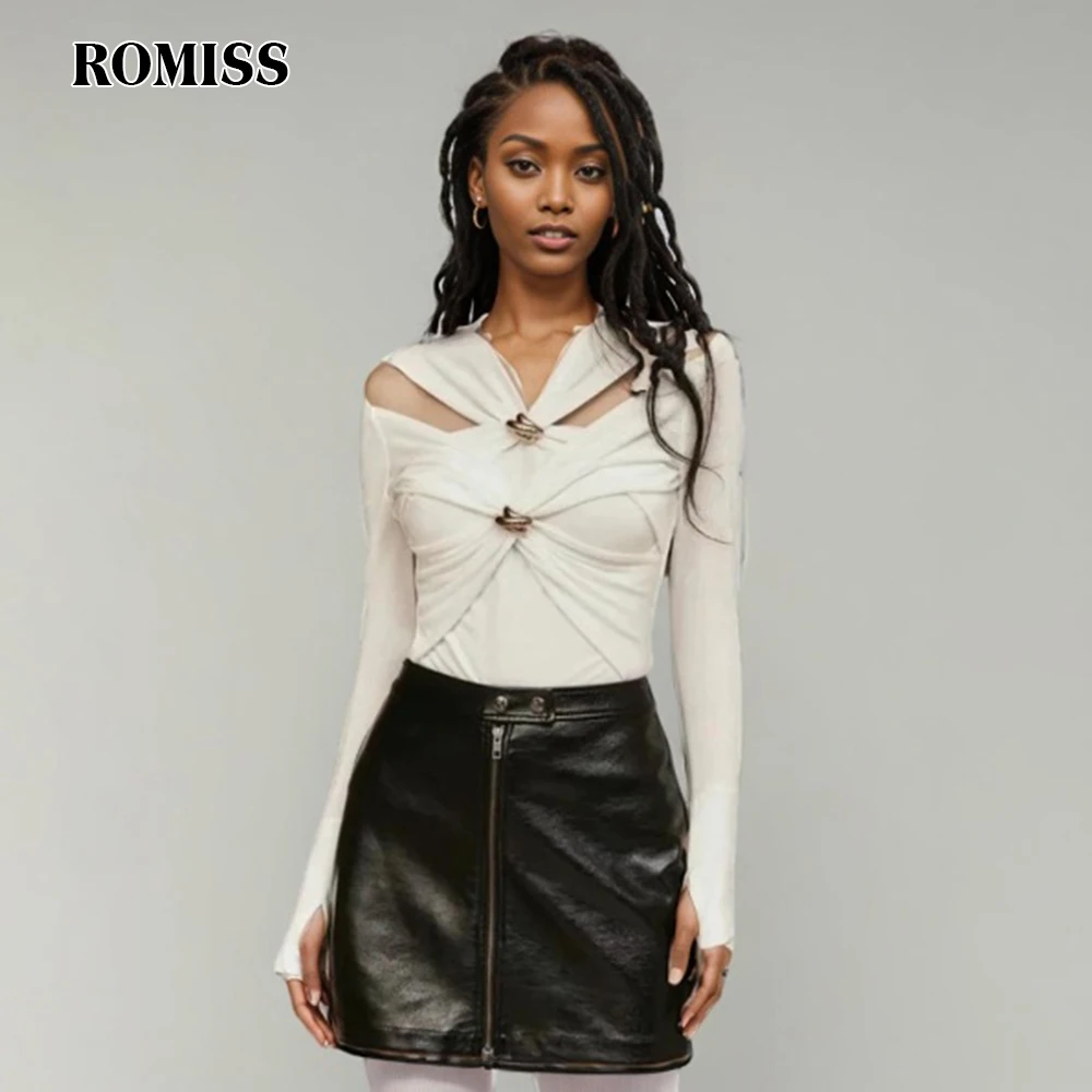 

ROMISS Solid Hollow Out Knitting T Shirt For Women Round Neck Long Sleeve Crisscross Folds Minimalist Slimming T Shirts Female