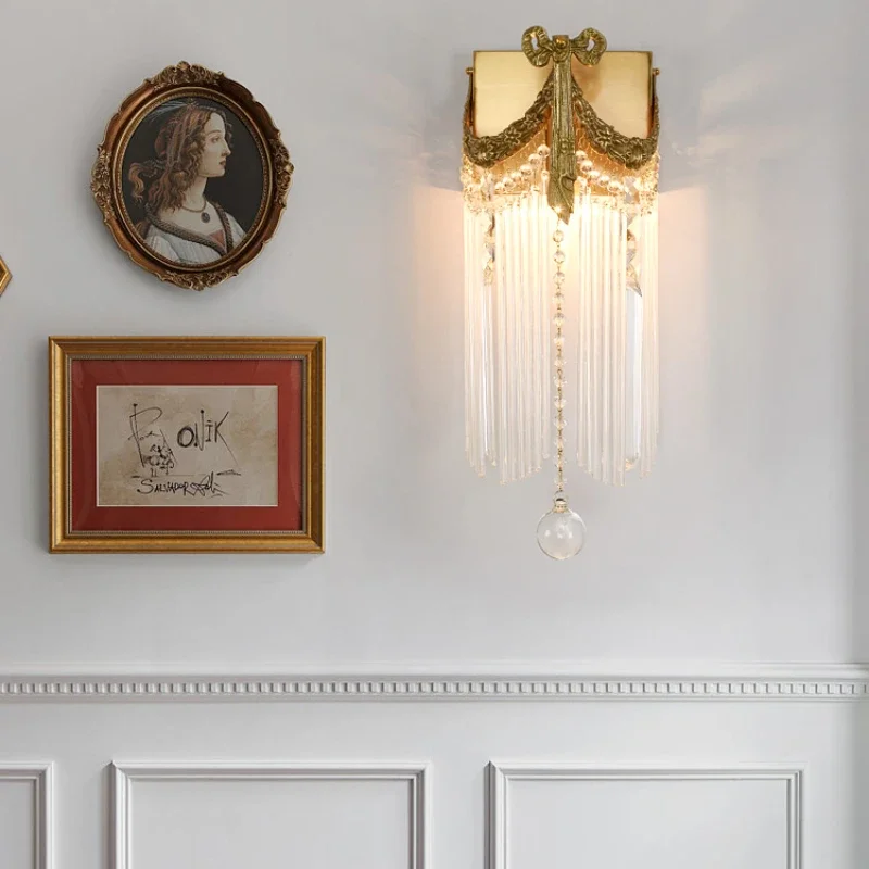 

Retro and beautiful bow all-copper crystal fringed bedroom bedside p European brass living room