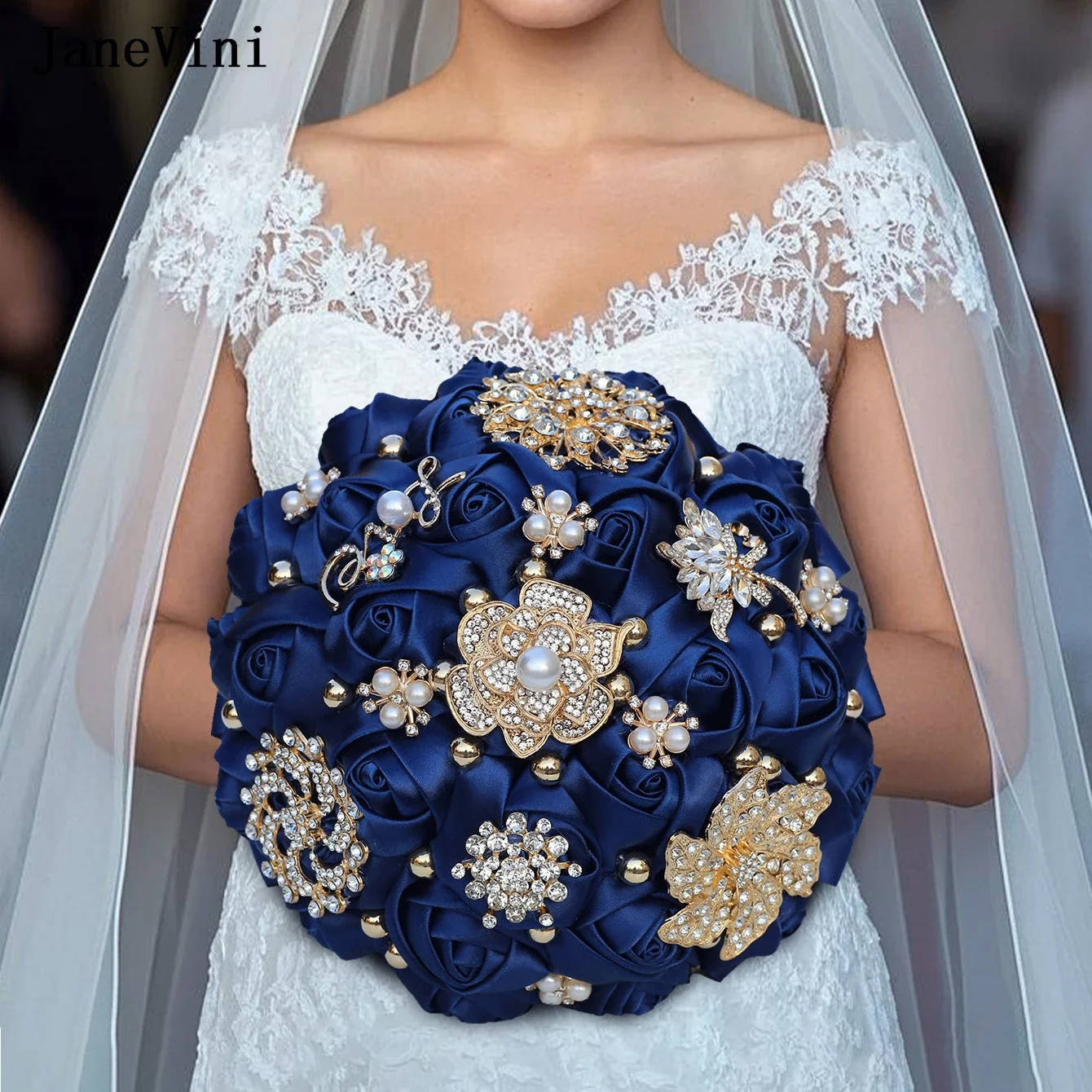 

JaneVini New Navy Blue European Bridal Bouquets Luxury Gold Rhinestones Artificial Satin Roses Bride Bouquet Flowers for Wedding