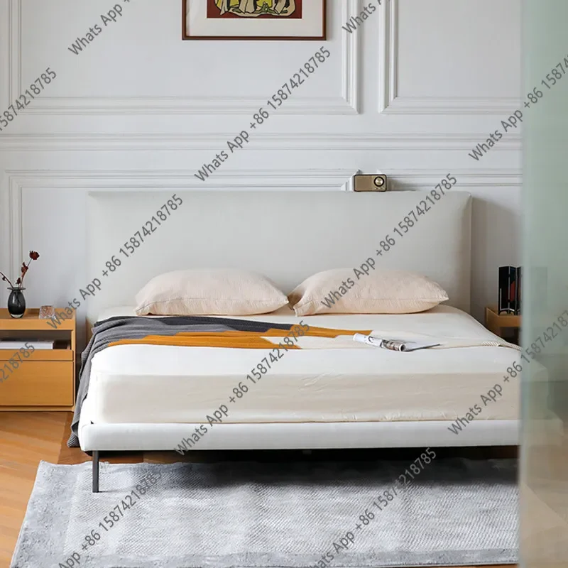 n-J Italian Minimalist Fabric Bed Double Bed Master Bedroom Light Luxury Soft Bag Bedside White Flush Edge Bed High-end Minimali