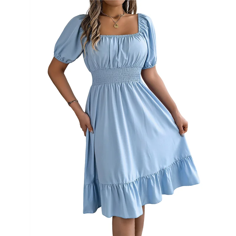 【SEE】Women's Boho Summer Square Neck Puff Sleeve Off Shoulder Smocked Tiered Casual A Line Short Mini Dress