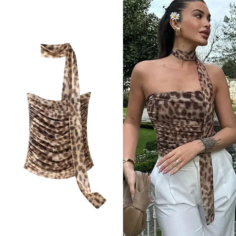 TRAF Leopard Tulle Crop Top Women Print Ruched Corset Top Woman Vintage Summer Halter Top Backless Sexy Party Tops For Women