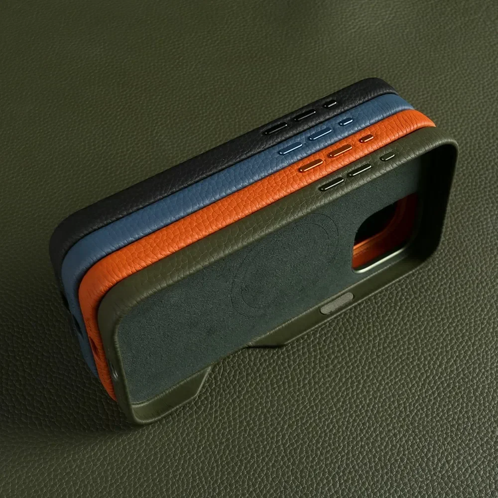 Funda de teléfono de cuero genuino magnética completamente envuelta para iPhone 16 Pro Max 15Pro Max piel de vaca inalámbrica Magsafe Fundal carcasa trasera capa