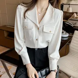 Fashion Pockets Button Solid Color Chiffon Korean Shirt Female Clothing Autumn V-Neck Casual Tops All-match Office Lady Blouses