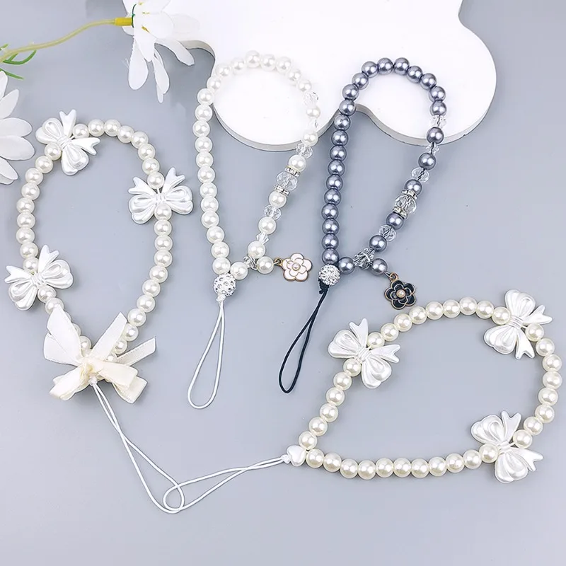 Zarif İmitasyon İnci Zincir Anahtarlık Moda Kamelya Yay Boncuklu Anahtarlık Cep Telefonu Bilek Asılı Kolye Arkadaş Hediyelik Eşya Hediye