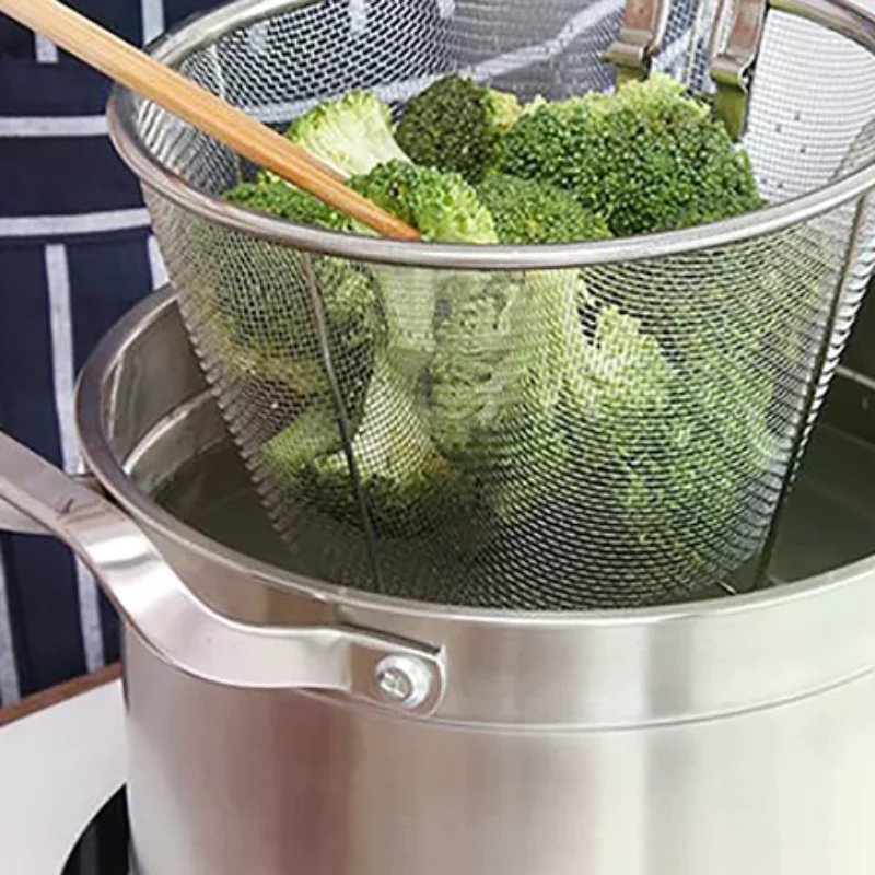 الفرنسية رقاقة القلي مصفاة سلة الفولاذ المقاوم للصدأ سلة القلي العميق المطبخ المقلاة المستديرة شبكة سلكية مع مقبض شبكات مصفاة الأسلاك #1