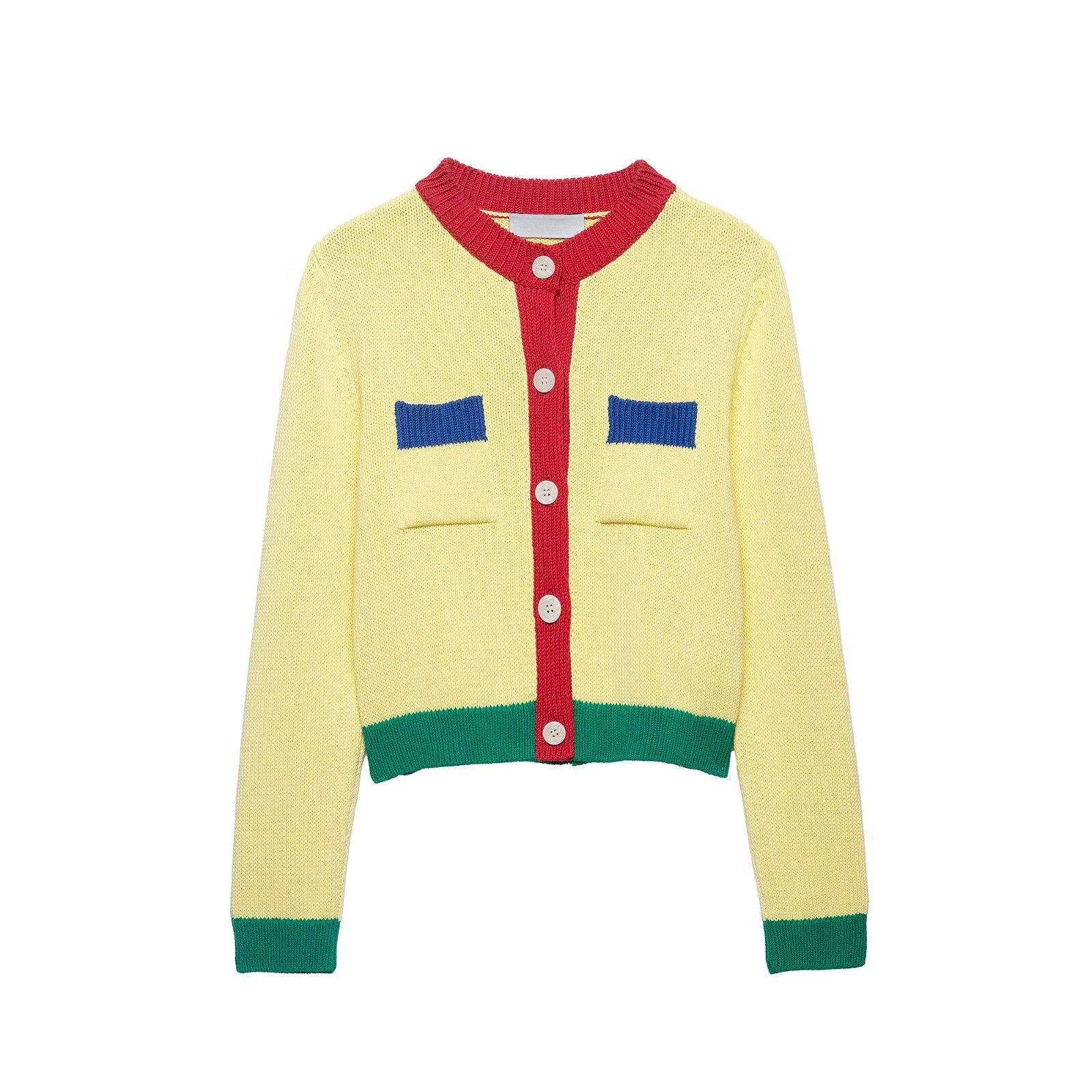 Color Block Contrast Knit Cardigan Round Neck Yellow Base Red Placket Green Cuff Hem Blue Pocket Cropped Women Sweater Outerwear