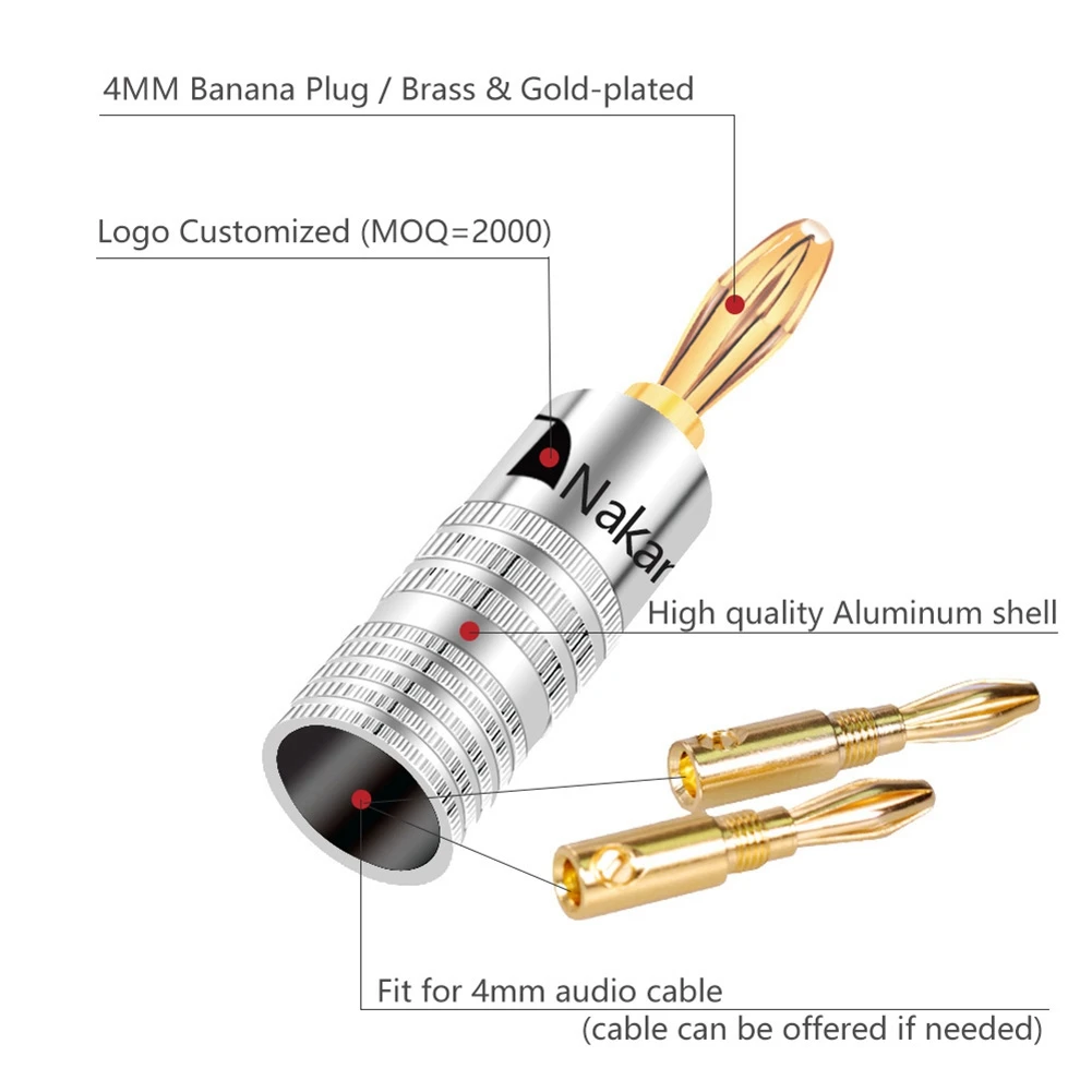 Fiche de fil de haut-parleur BFA en cuivre plaqué or 24 carats, connecteur mâle, 100 pièces