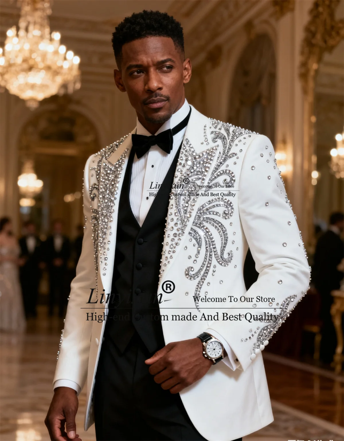 

Luxury Crystal Diamond Men Suits 3 Pieces Sets Groom Male Blazers Customized Slim Fit Peaked Lapel Wedding Tuxedos Ropa hombre