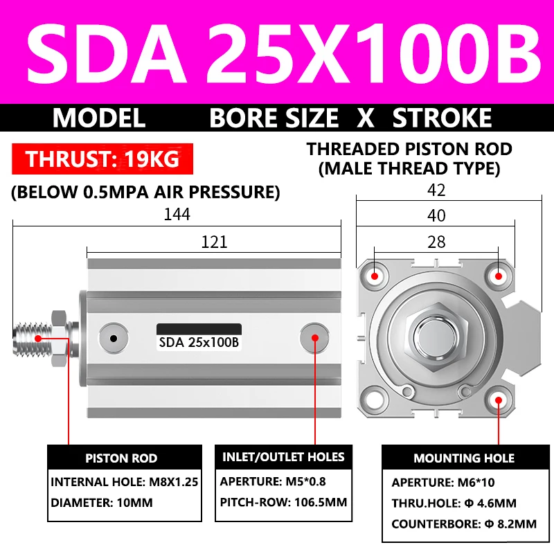 

ABILKEEN SDA25X100B Серия SDA Тонковоздушный цилиндр 25 мм с наружной резьбой Диаметр цилиндра X 100 мм Ход Пневматический компактный цилиндр двойного действия