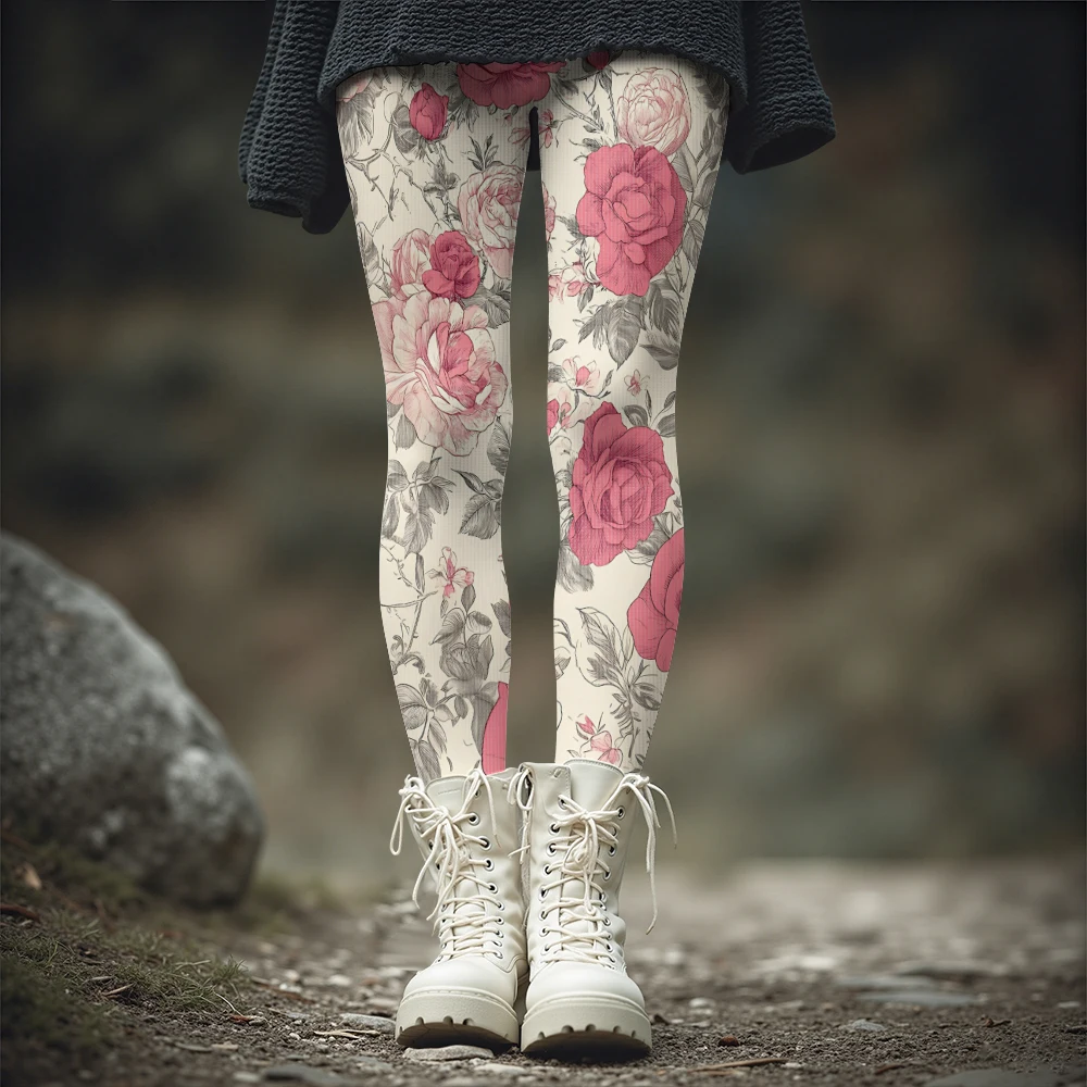 Women's Sweet Aesthetic Rose Print Leggings 8-Wale Brushed Winter Tights Floral Pattern Warm Pants Feminine Fall Winter Look