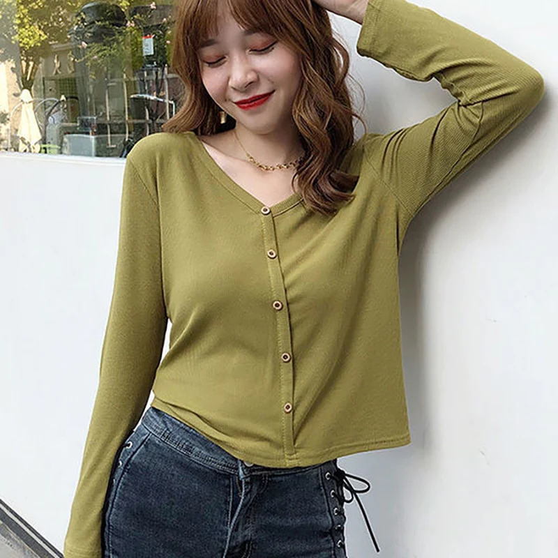 

Fashion V-Neck Button Solid Color Casual T-Shirt Women's Clothing 2023 Autumn Winter Loose Commute Pullovers Korean Tee Shirt