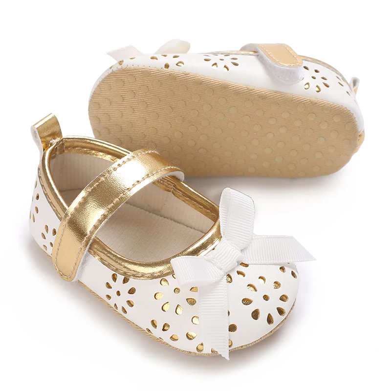 Elegant 0-18M Newborn PU Bow Decoration Baby Shoes Anti slip Cloth Sole Shoes For Girls Attending Parties Princess Shoes First