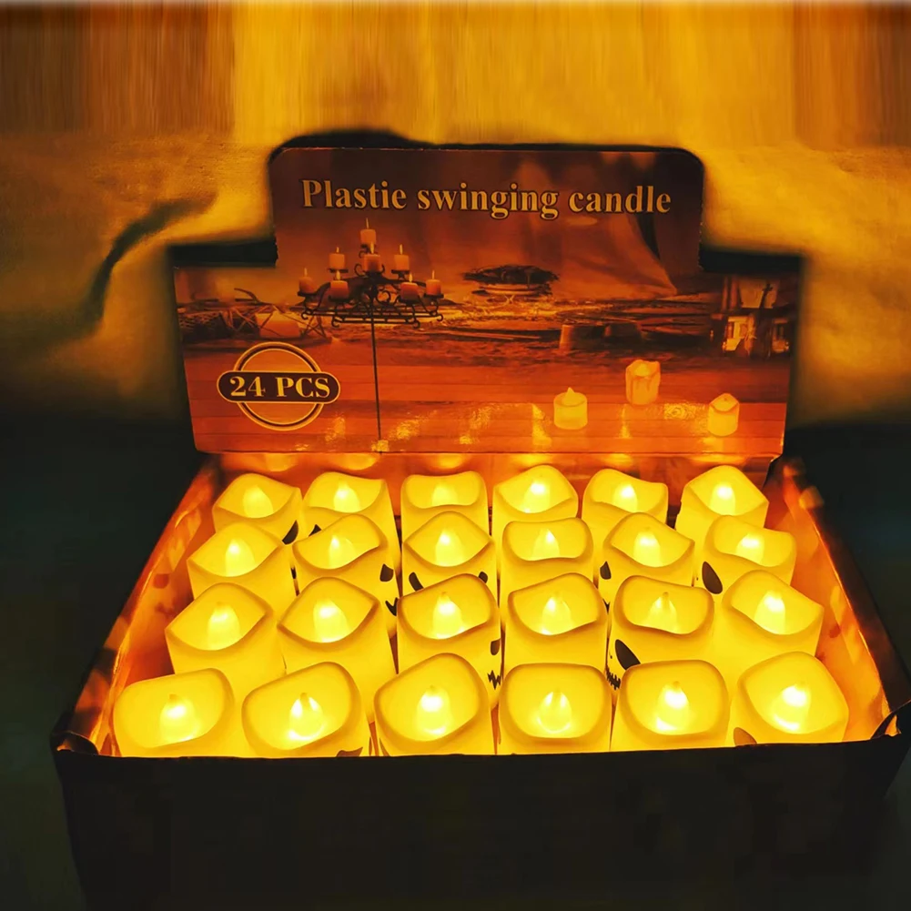 Flameless velas votivas para a decoração do Dia das Bruxas, bateria alimentado vela lâmpada, 6 Padrão Faces criativo, 12 unid, 24 unid