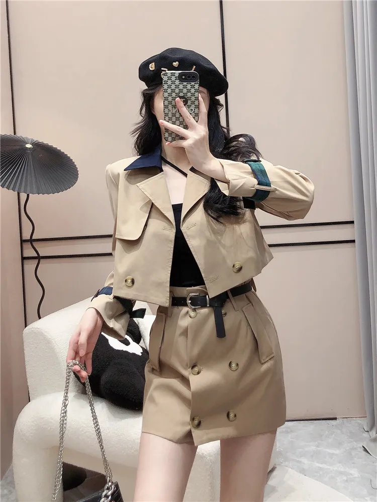 Fashion Casual Lapel Long Sleeve Khaki Blazer Jacket Short Retro Mini High Waist Double Breasted Skirt Suits Autumn Black Sets