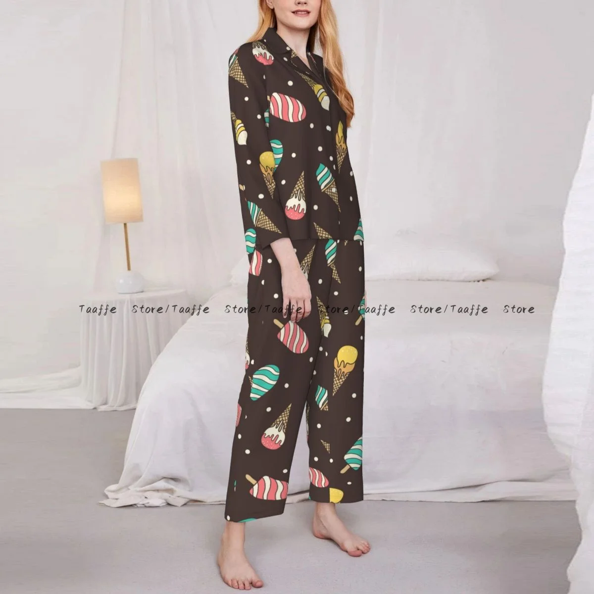 Cute Ice Cream Womens Pajamas Loungewear Two-piece Sleepwear Button-Down Full Sleeve Long Pajamas Set