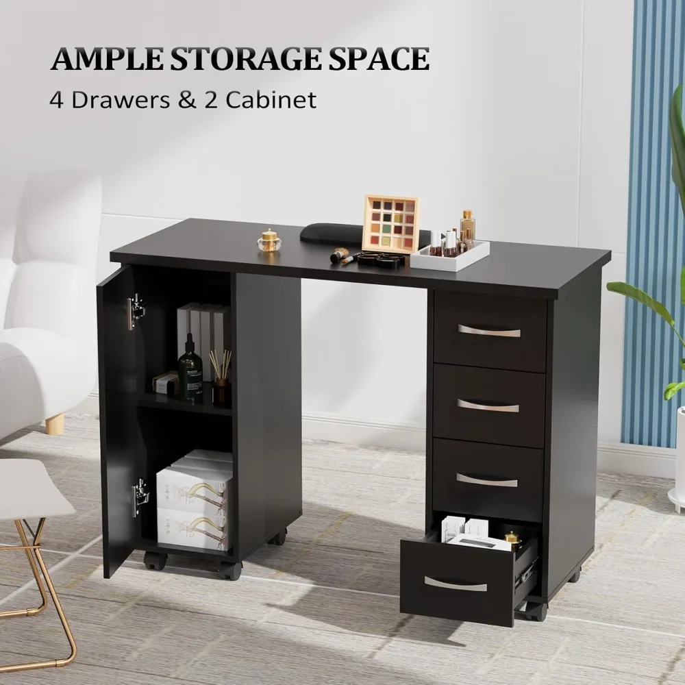 طاولة مانيكير للأظافر مع خزانة، أدراج، عجلات ومسند للذراع، صالون سبا، تجميل منزلي، فني خشبي، محطة عمل فنية للأظافر #4