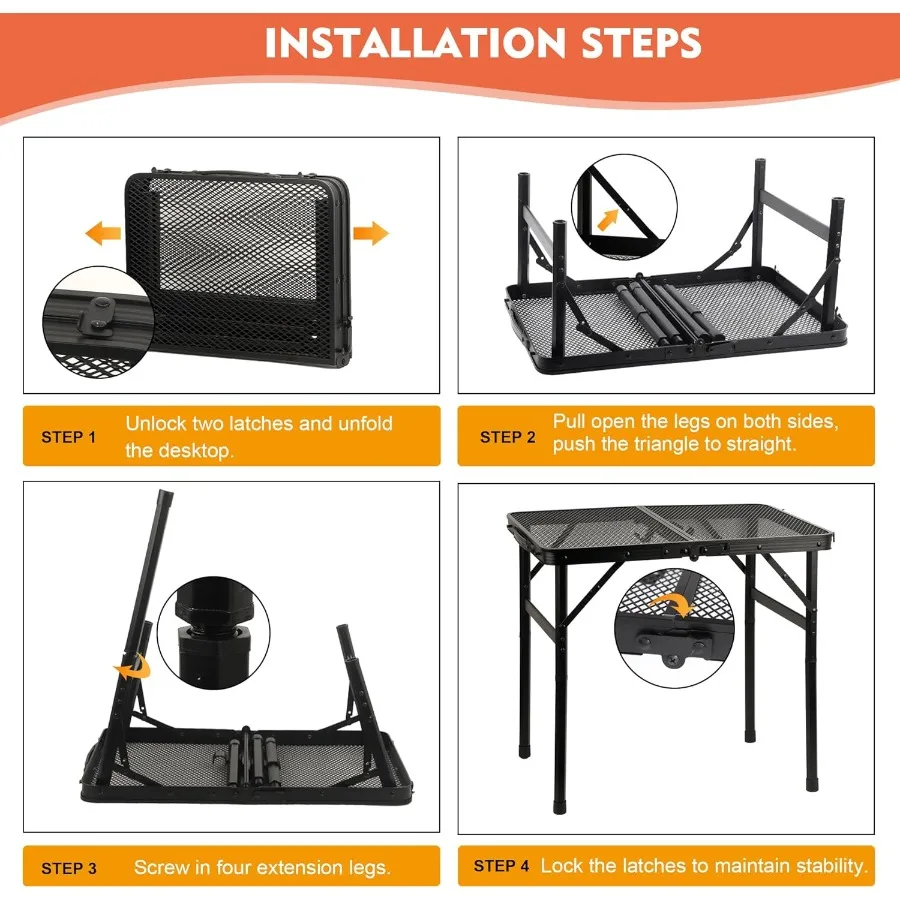 طاولة تخييم خارجية معدنية خفيفة الوزن ومحمولة قابلة للتعديل مع سطح مكتب شبكي للطهي والشواء والنزهات الخارجية أ