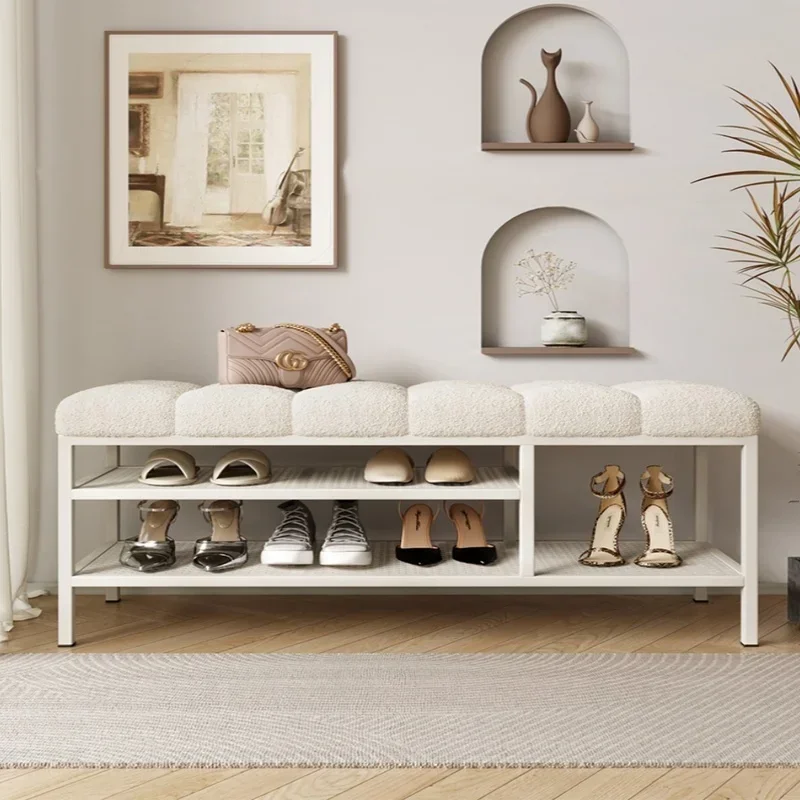 

High-End Entry Shoe Bench Nordic Low Stool Light Cream Metal Shoe Shelf Multifunctional Storage Cabinet for Foyer