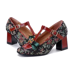 Socofy Raffan New Handmade PumpsRetro Bow Hiah Heels Genuine Leather PatchworkJacquard Fabric Elegant Women's Sandals Shoes