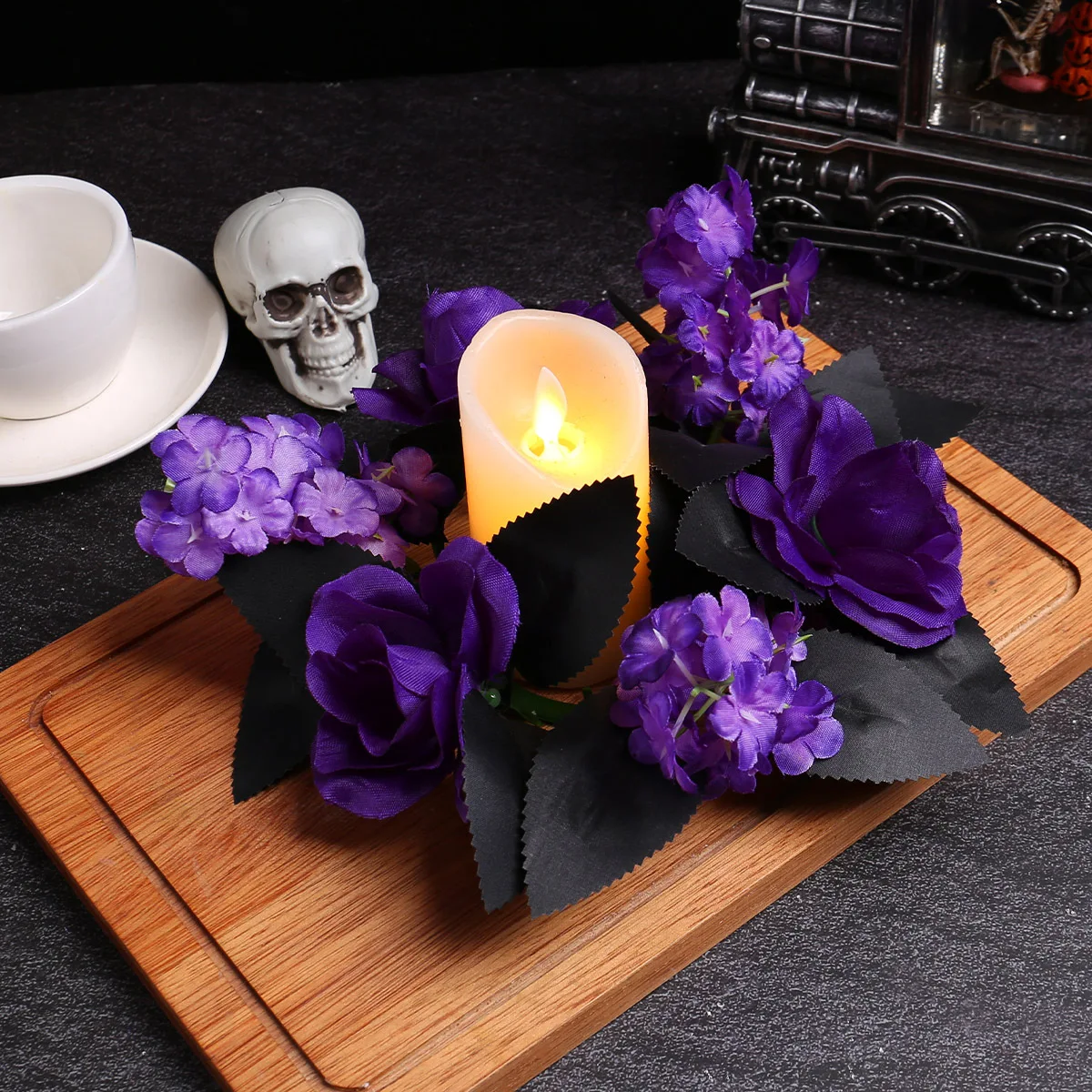 

Halloween Maple Wreath Candle Rings Purple Pansy Flower Candle Holder Gothic Artificial Wreath Halloween Table Centerpiece Decor