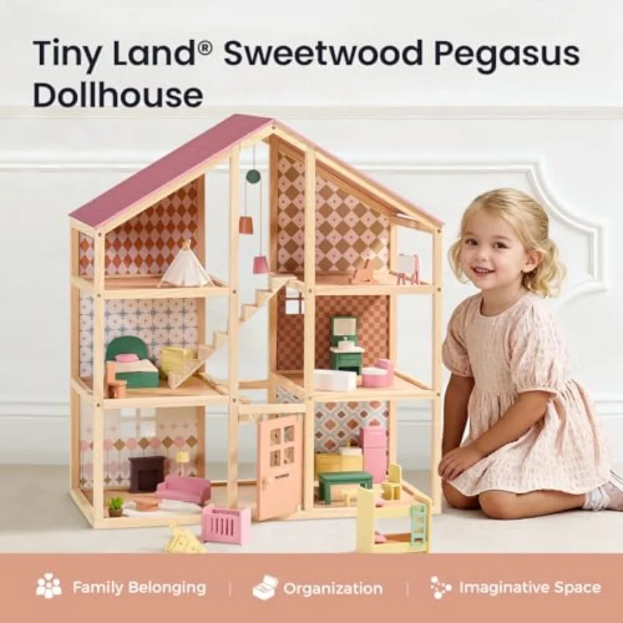 Wooden Dollhouse for Girls - 6 Rooms Wooden Doll House with Dusty Pink Finish, DIY Pretend Play Set with 31Pcs Furniture Access