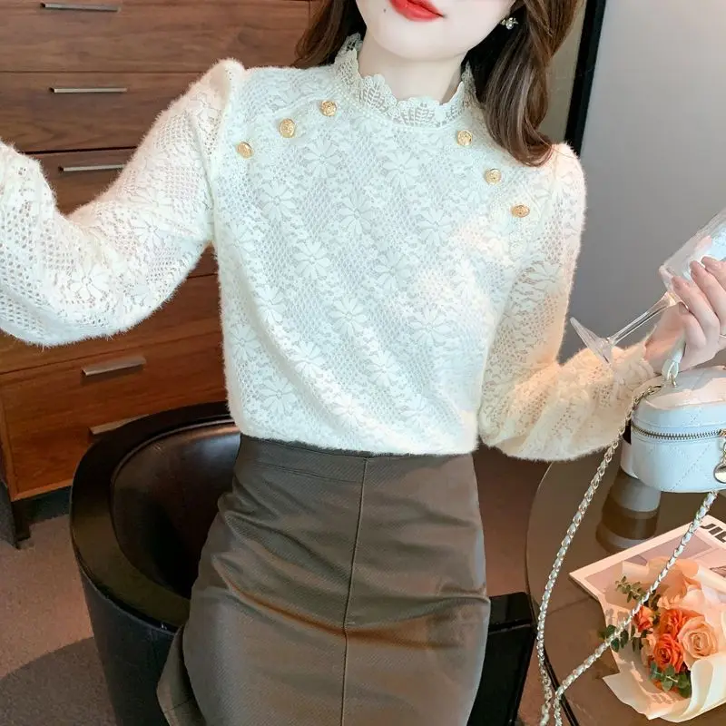 Ladies Elegant Lace Floral Half Height Collar Apricot Color Bottoming Shirt Puff Sleeve Six Gold Buttons Pullover Autumn Winter