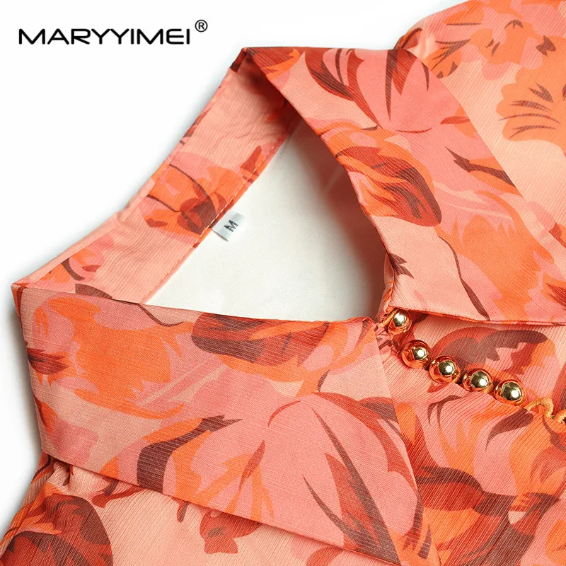 MARYYIMEI New Fashion Designer Summer Dress Women\'s Lantern Sleeve Single-breasted Lace up Floral print Party Midi Dress