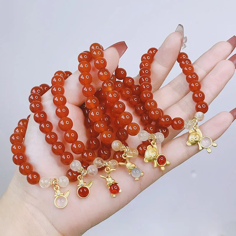 

AngLang Rabbit/Bear/Animal 8mm Natural Red Agate Citrine Beaded Strand Bracelets for Women Fine Jewelry Wholesale Gifts YBR770