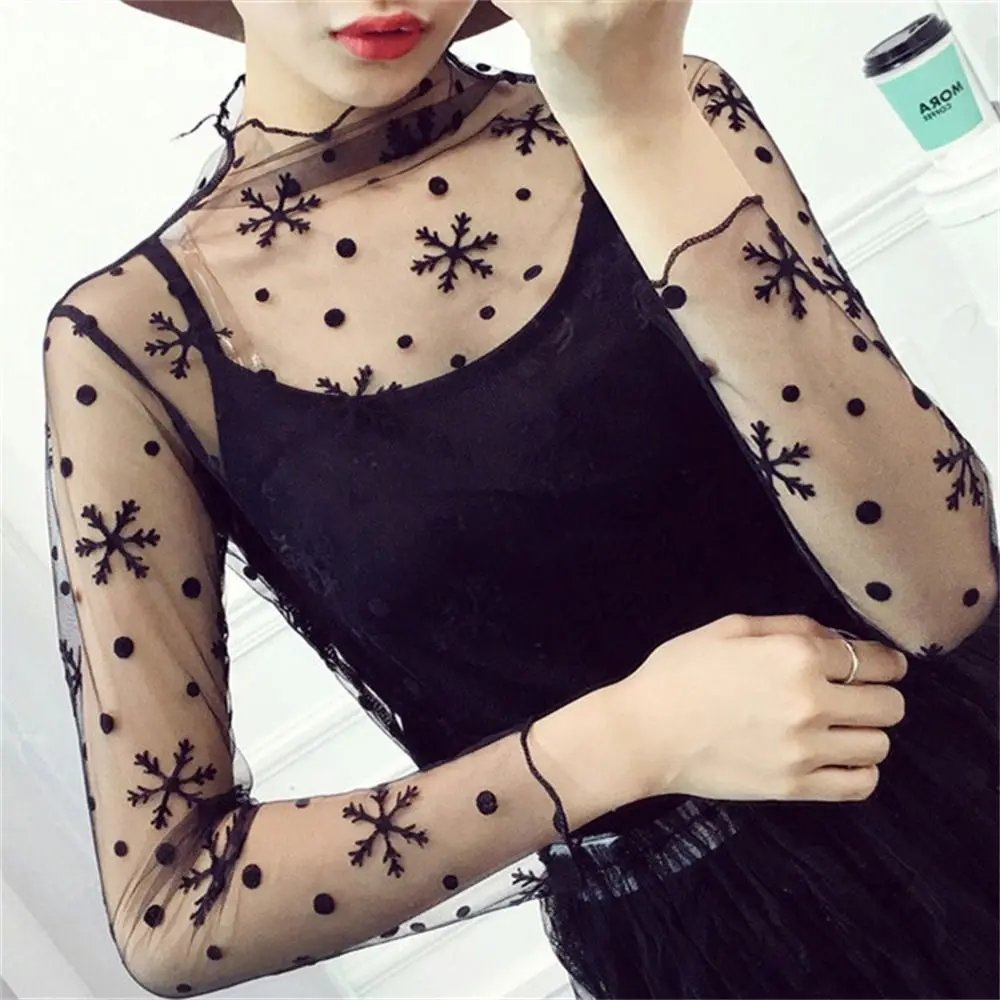 Fashion See-Through Lace T Shirt Long Sleeve Turtleneck Mesh Ladies Tops Blouses Mesh Fishnet Transparent T-shirt Undershirt