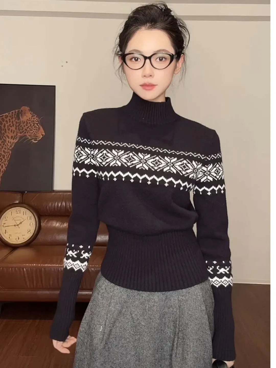 

Black High Collar Fair Isle Knitwear Women's Autumn Winter Inner Wear Waist Cinched Lazy Style High End Feeling Base Layer Sw...