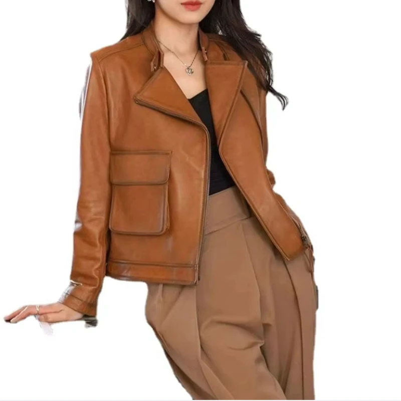 

Women's Short Temperamental Leather Coat, Casual Retro Thick Jacket, Female Fashion, Slim Fit Outwear, Autumn, Winter, New, 2024