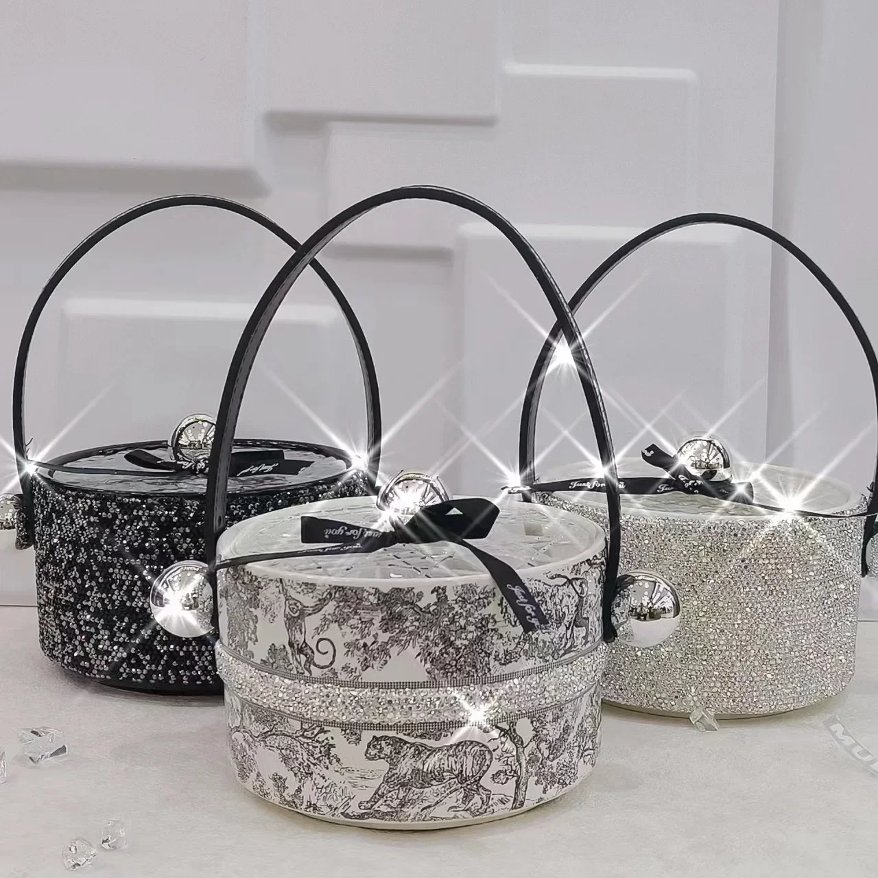 Rhinestone Desktop Storage Box With Lid luxury Ceramic Handle Household Jewelry Box Organizer Make Up Container Office Candy Box