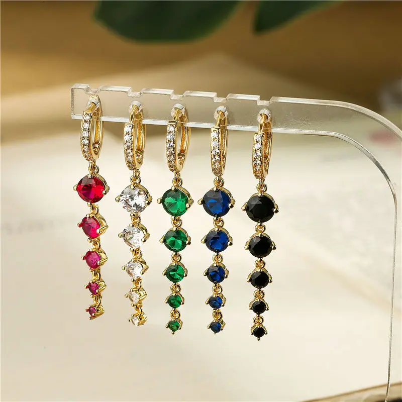 HECHENG,Gold Plated Round Zircon Long Tassel Earrings for Women Feamale Earrings  High Quality Brass Sparkling Luxury Jewelry