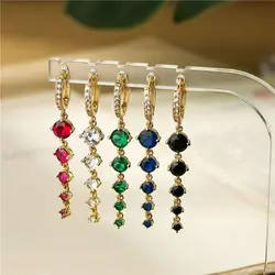 HECHENG,Gold Plated Round Zircon Long Tassel Earrings for Women Feamale Earrings High Quality Brass Sparkling Luxury Jewelry