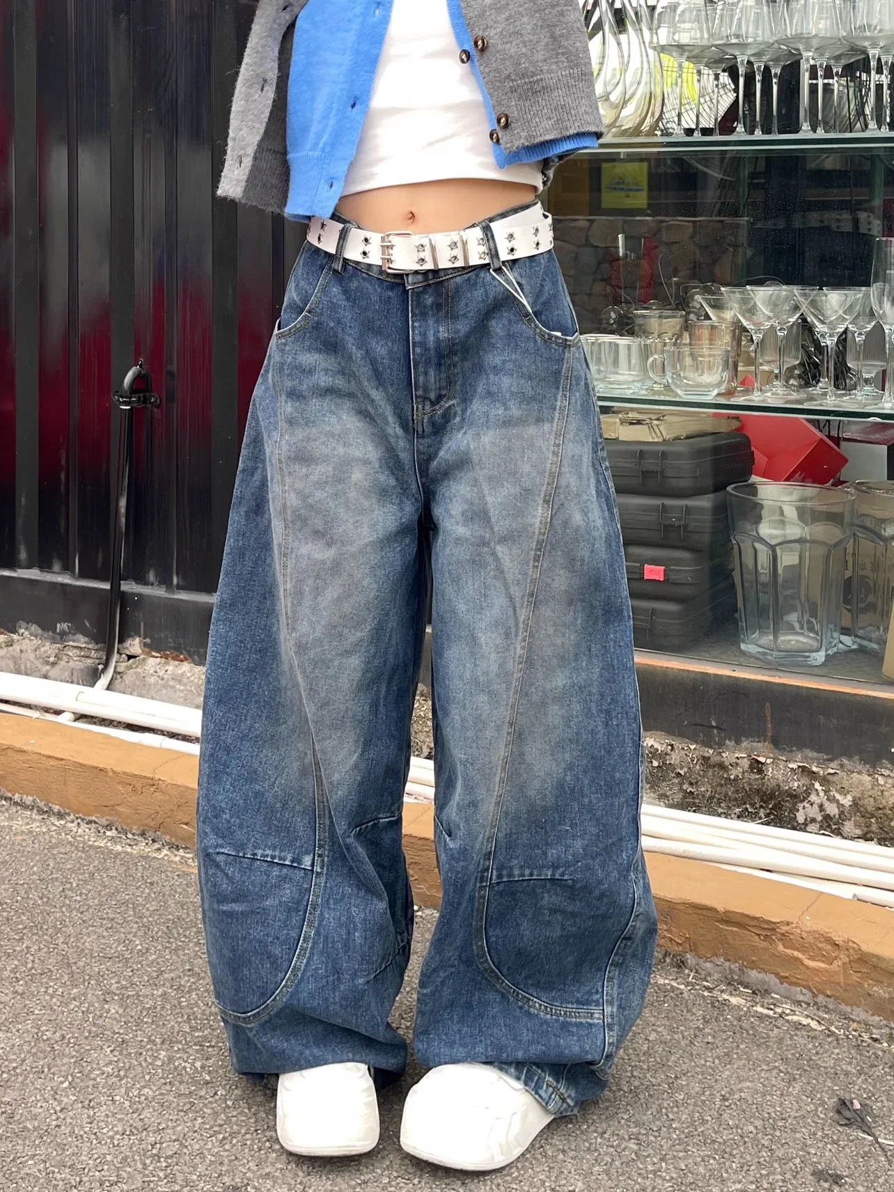 

Джинсы American Sle в стиле ретро, темно-синие, свободные, широкие, прямого кроя, длиной в пол, повседневные, удобные, из денима