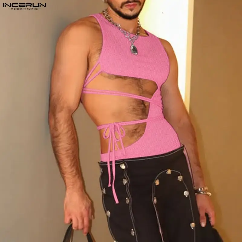 INCERUN Men's Irregular Tank Tops Solid Color Sleeveless Hollow Out Male Vests Summer Lace Up Sexy Fashion Men Clothing Tops