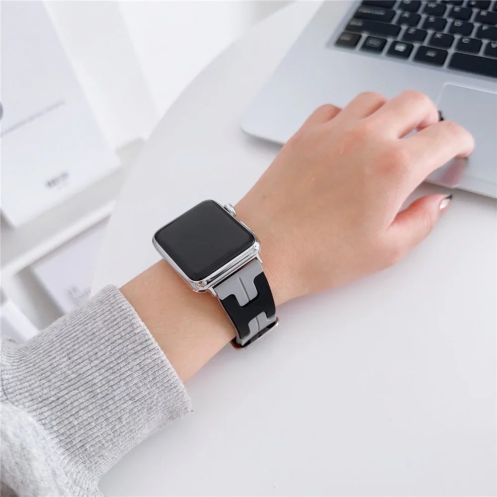 New Fashion Contract Color "H" Rubber Watch Strap for Apple Watch Ultra 2 / 1 (49mm) S9 45mm 44mm 41mm 40mm 42mm Soft Watch Band