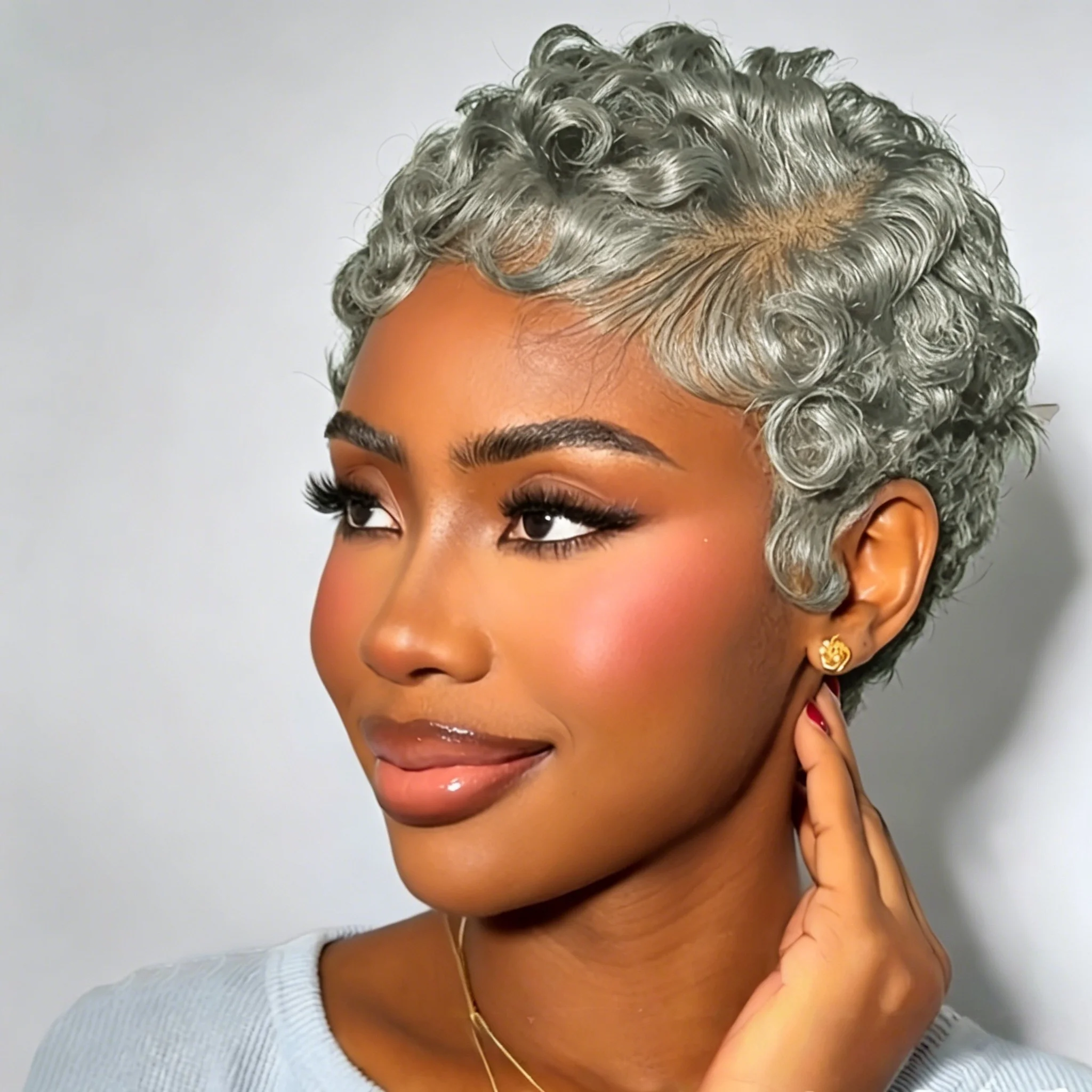 13x4 Lace Front Brazilian Human Hair Wig  Short Loose Wave 180% Density Salt and Pepper Pixie Cut Wig for Women