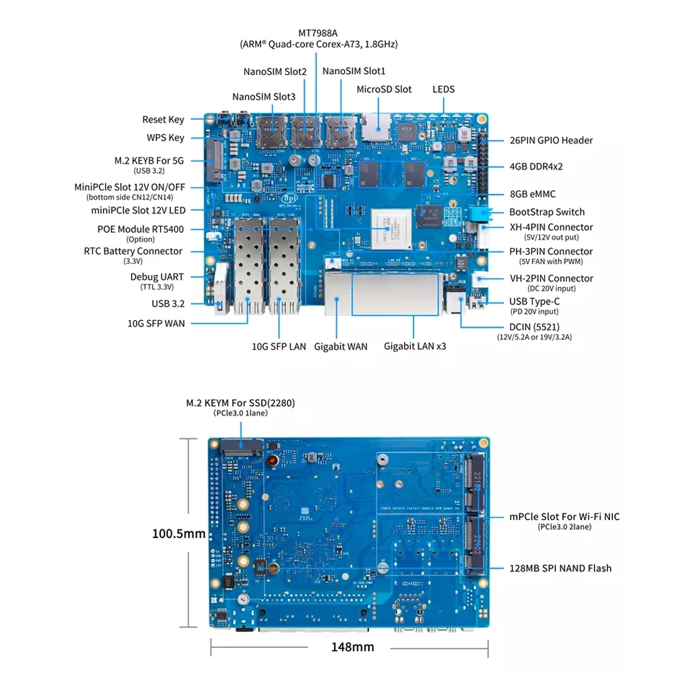 Banana Pi BPI-R4 MediaTek MT7988A (Filogic 880) Quad-core Arm Corex-A73 4GB DDR4 8G eMMC 128MB SPI NAND Flash Smart Router Board