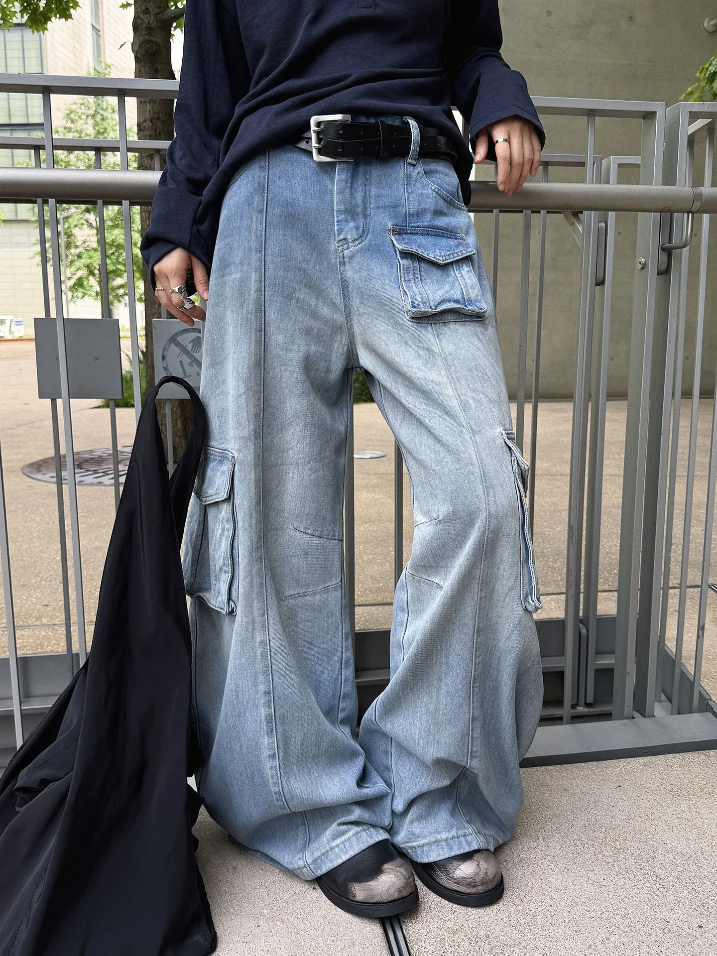 Early autumn new Korean retro workwear Feng Shui washed and done old multi pocket patchwork jeans loose pants for women