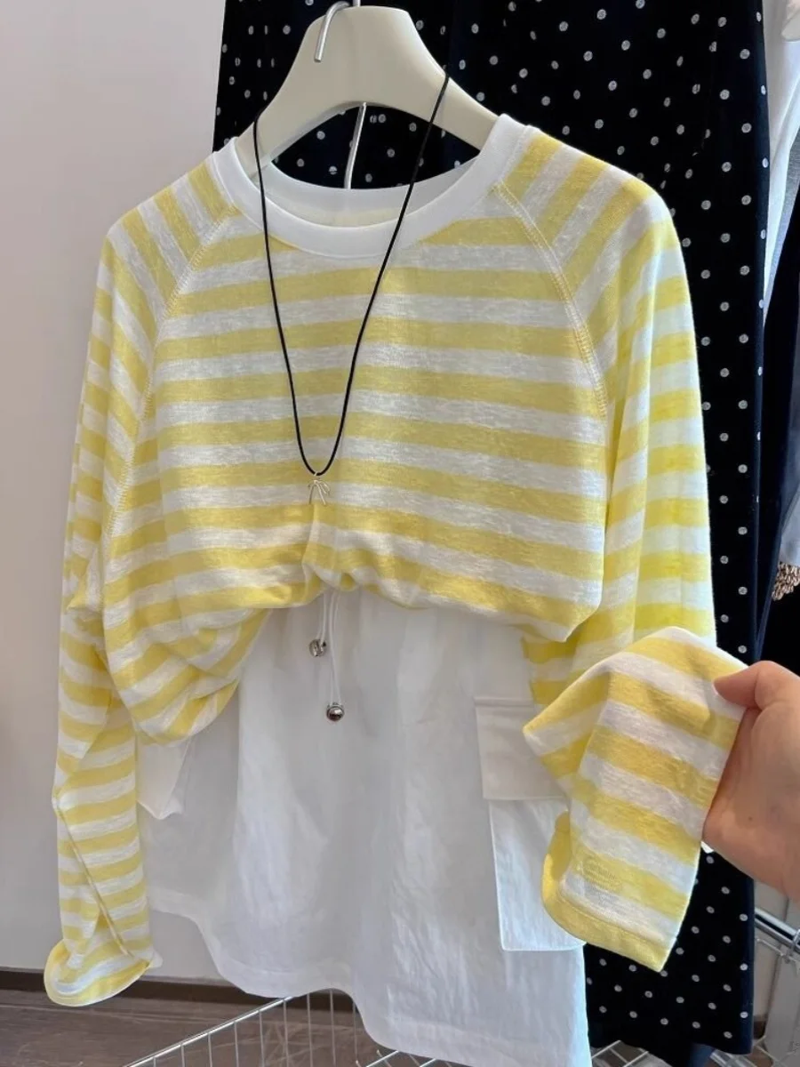 Extra Large 300 Pounds Color Block Striped Long Sleeve T-Shirt Men's Lightweight Loose Casual Style Spring Autumn Wear