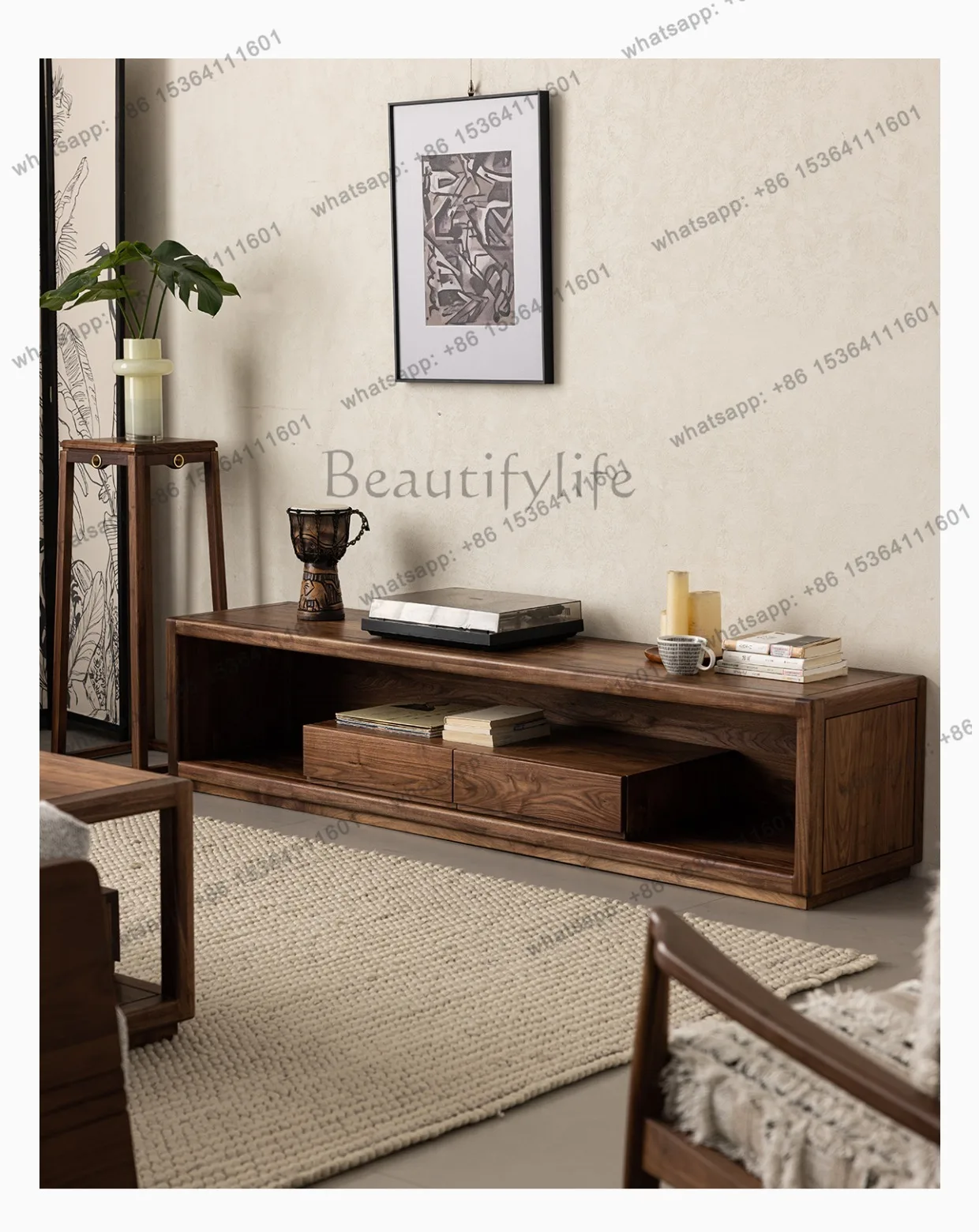 new household black walnut TV cabinet, all solid wood floor-to-ceiling simple audio-visual cabinet