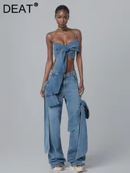 DEAT Fashion Women's Bows Bandage Denim Sling Vest High Waist Wide Leg Straight Jeans Female 2024 Spring New Trendy 33A1173