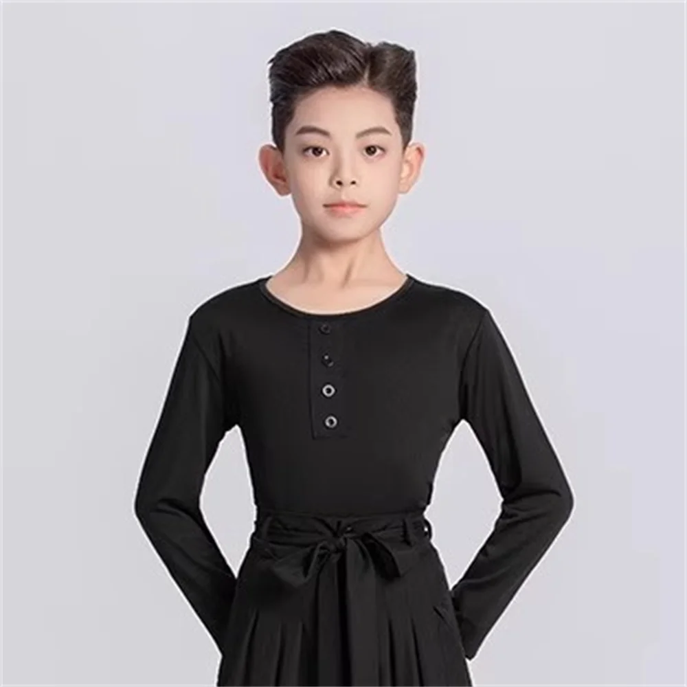 เสื้อเต้นรำแบบละตินติดกระดุมเสื้อเต้นรำสำหรับเด็กเสื้อผ้าเต้นรำบอลรูมสีขาวเสื้อผ้าเต้นซัลซ่า/ชา/รุมบ้าเด็กชายแขนยาวใหม่